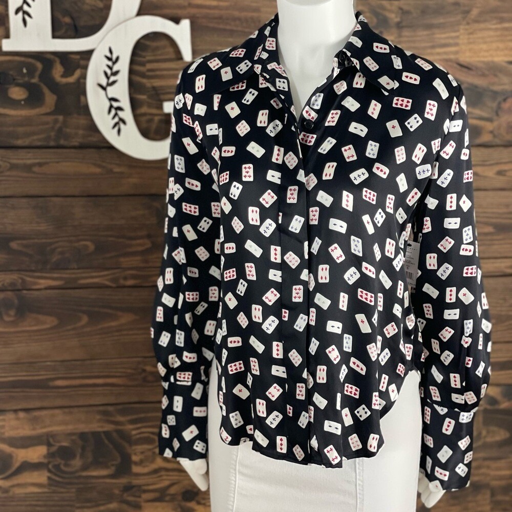 Equipment | Annelie Playing Cards Print Button Down Satin Top Playing Cards Silk